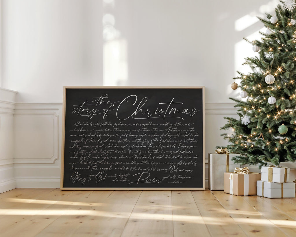 The Story of Christmas Luke 2:7-14 Verse Holiday Wall Decor | Large Oversized Christmas Art | Holiday Framed Print Poster Sign Horizonal