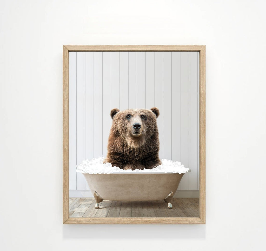 Brown Bear in Bathtub with Wood Floor Shiplap Wall - Lettered & Lined