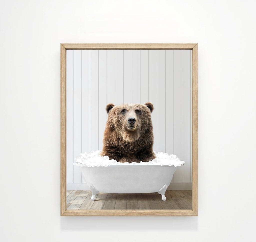 Brown Bear in Bathtub with Wood Floor Shiplap Wall - Lettered & Lined