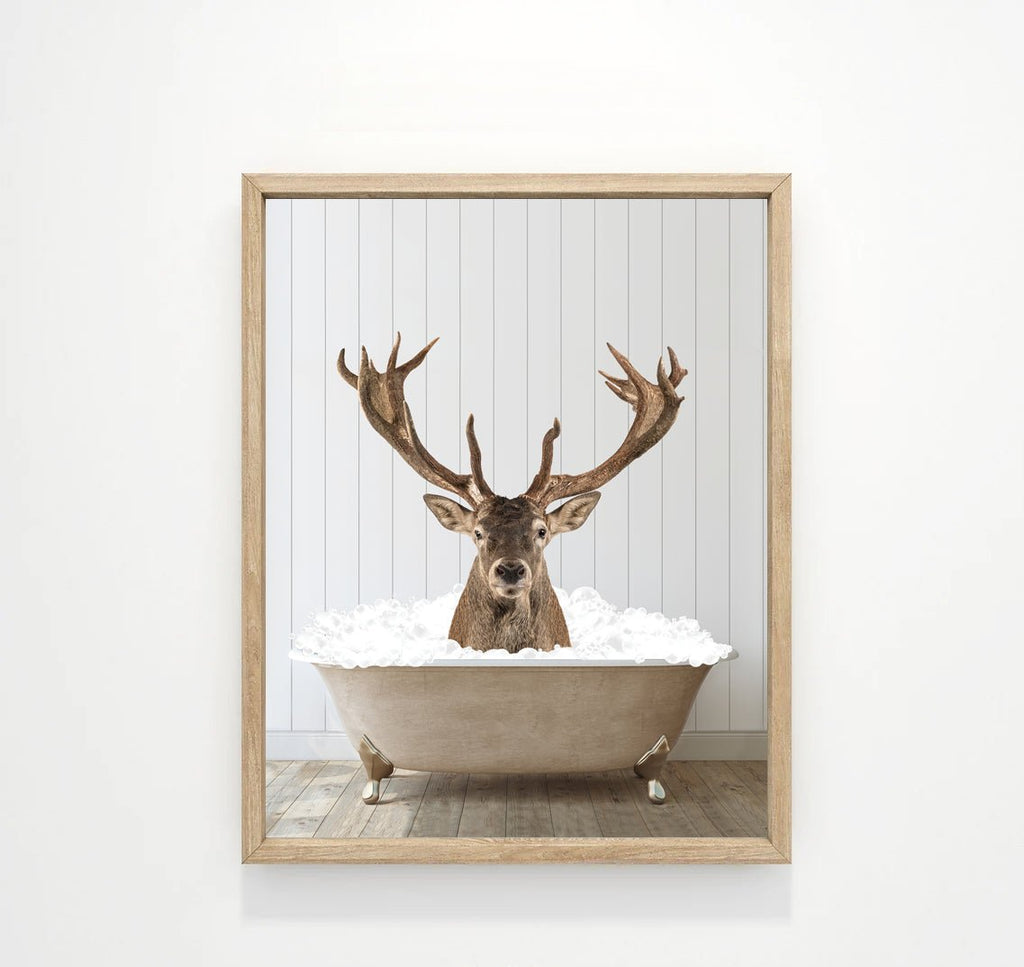 Deer in Bathtub with Wood Floor Shiplap Wall - Lettered & Lined