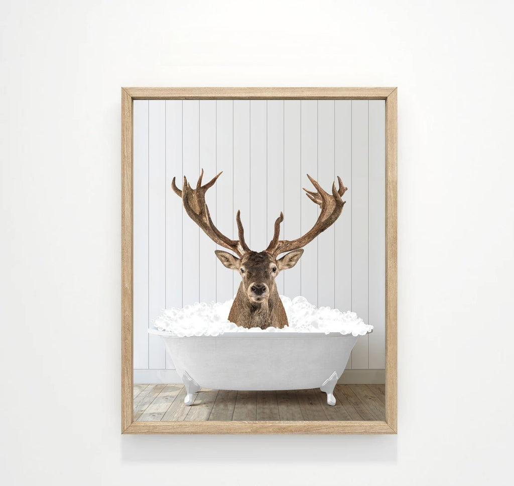 Deer in Bathtub with Wood Floor Shiplap Wall - Lettered & Lined