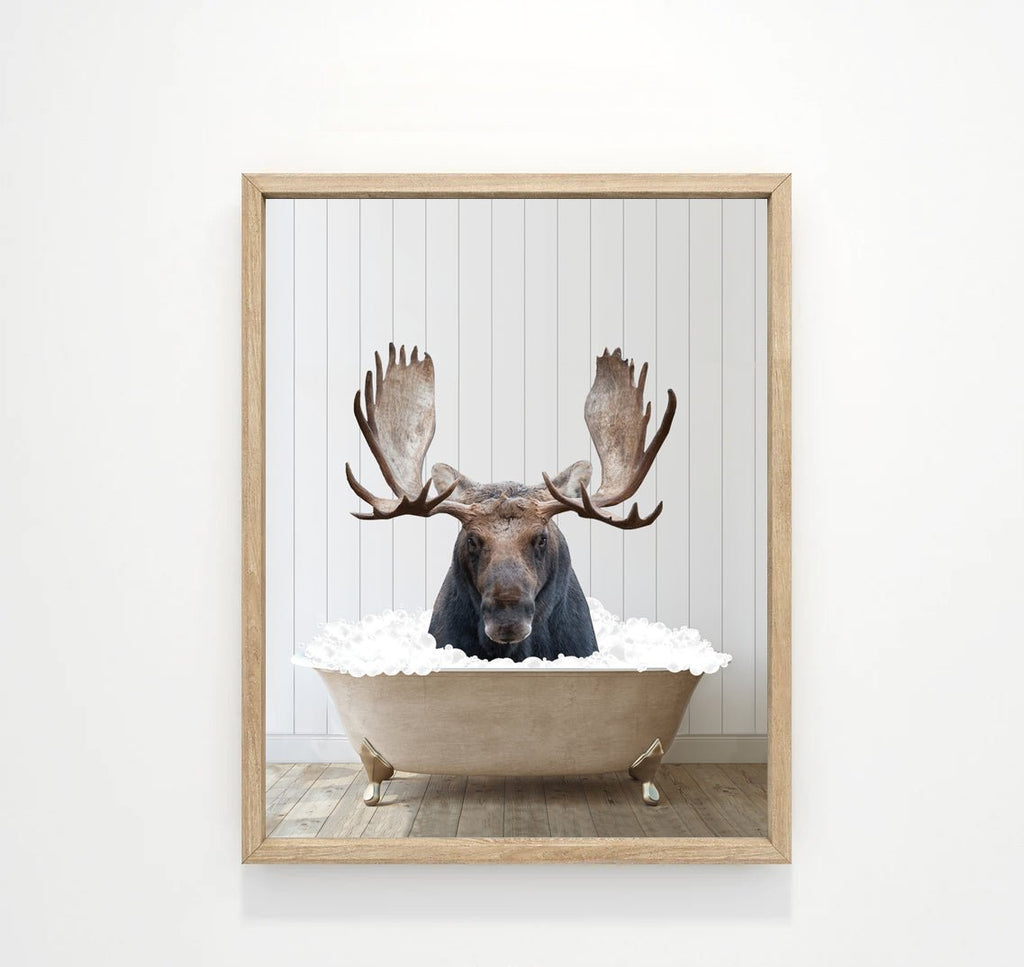 Moose in Bathtub Wood Floor Shiplap Wall - Lettered & Lined